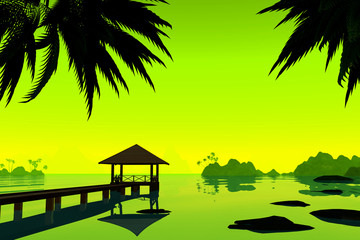 Tropics, vacation on the beach on overwater bungalow. 3D render