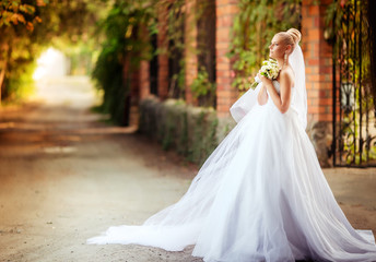 Fototapeta na wymiar Beautiful bride in white dress in the autumn garden