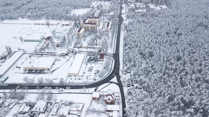Top view of snow covered buildings