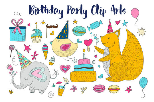 Big set of birthday party vector clip arts. Cute hand drawn animals and cartoon elements.