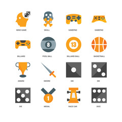 16 icons related to Dice, Race car, Medal, Die, Mind game, Billiard, Award, Billiard ball, undefined, undefined signs. Vector illustration isolated on white background.