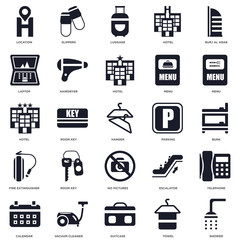 25 icons related to Shower, Towel, Suitcase, Vacuum cleaner, Calendar, Menu, Parking, No pictures, Fire extinguisher, Laptop, Luggage, Slippers signs. Vector illustration isolated on white background.