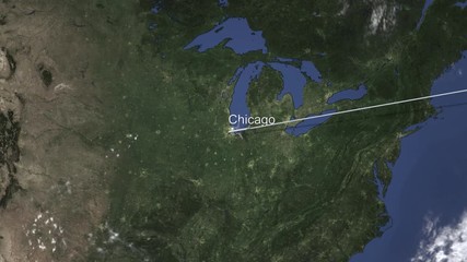 Plane arrives to Chicago, United States from east, 3D animation 