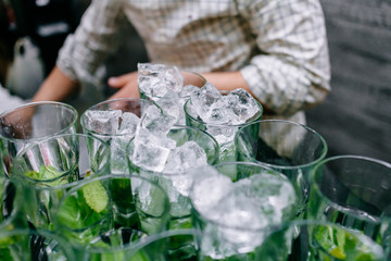 The cocktail is green. Light rum, peppermint leaves, fresh lime juice and ice. Refreshing cocktails for a big company. A party