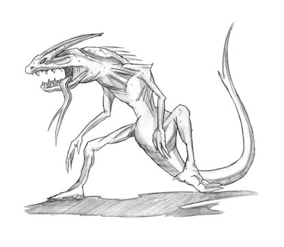 Black and white pencil concept art drawing of fantasy lizard demon or monster with long tongue, tail, claws and horns.