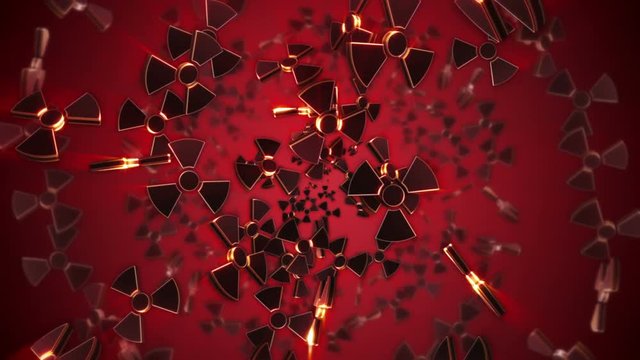 Falling NUCLEAR, Radiation Hazard Danger Symbols Animation, Rendering, Background, Loop, 4k
