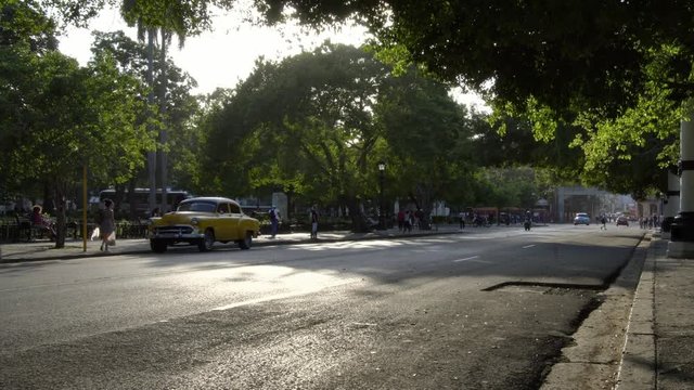 Everyday cuban life, old classic American 1950's vintage car taxi in Vieja neighborhood old Havana, Cuba