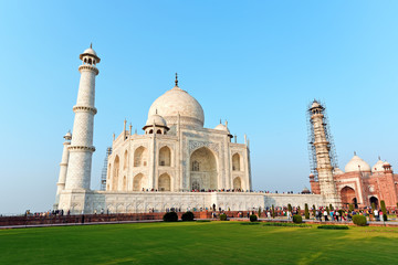 Front view of Taj Mahal in India.Construction of the mausoleum was commissioned in 1632 by the emperor Shah Jahan. In order to preserve the pristine beauty authorities perform renovations regularly.