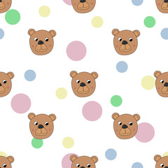 Seamless pattern with bear and color dots, cute teddy bear cartoon, vector textile fabric print, wrapping paper, book cover, pajamas and bedding pattern for kids vector illustration