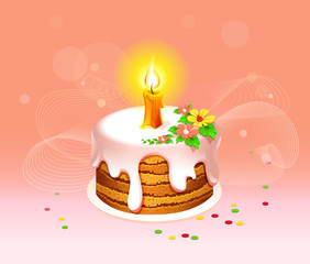 vector illustration of biscuit cake with cream and decor of flowers and a candle