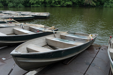 Fototapeta na wymiar rowboats for rent to paddle in lake