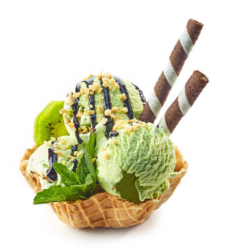 Green Ice Cream In Waffle Basket