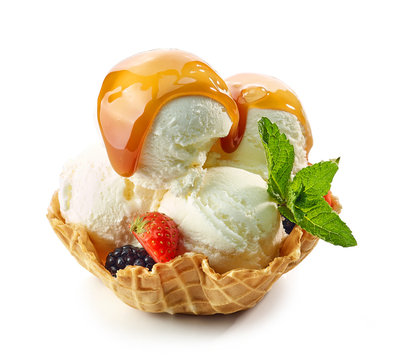 vanilla ice cream in waffle basket
