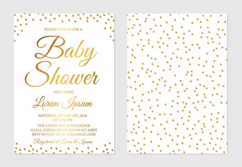 Gold confetti baby shower invitation card front and back side. Golden glittering polka dots invite for the parents to-be party. Vector illustration. - obrazy, fototapety, plakaty