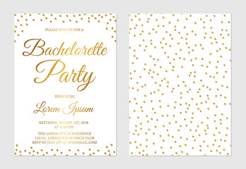 Gold glitter confetti bachelorette party invitation card front and back side. Golden polka dots bridal shower invite. Wedding stationery. Vector illustration.
