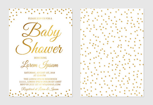 Gold Confetti Baby Shower Invitation Card Front And Back Side. Golden Glittering Polka Dots Invite For The Parents To-be Party. Vector Illustration.