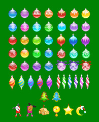 Set of color Christmas balls in different colors hanging. Vector illustration.