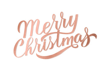 Merry Christmas rose gold glitter lettering on white background. Celebrations quote hand painted with brush. Holidays typography poster. Easy to edit vector template