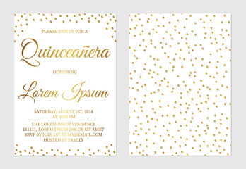 Gold glitter confetti Quinceañera invitation card  front and back side. Golden polka dots girl’s 15th birthday party invite. Spanish and Latin countries traditions. © Vera
