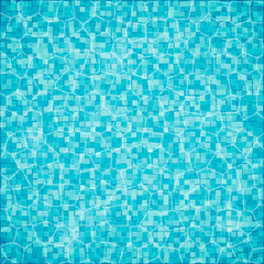 Swimming pool background. Top view of water surface with waves and sun glare on it. Blue tiled bottom. Summer vacation vector illustration.