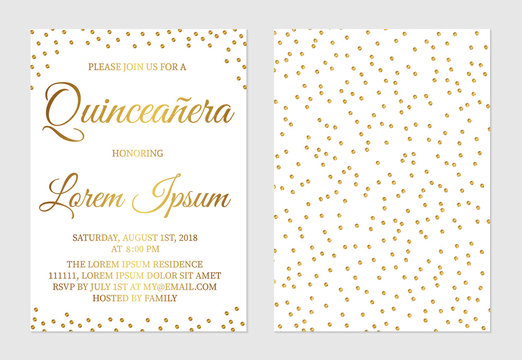 Gold Glitter Confetti Quinceañera Invitation Card  Front And Back Side. Golden Polka Dots Girl’s 15th Birthday Party Invite. Spanish And Latin Countries Traditions.