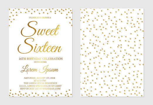 Gold glitter confetti Sweet Sixteen invitation card front and back side. Golden polka dots girl’s 16th birthday party invite flyer.