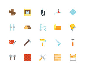 Simple Set of 20 Vector Icon. Contains such Icons as Barrier, Light bulb, Tiles, Gas pipe, Electric tower, Window, Ruler, pipe. Editable Stroke pixel perfect