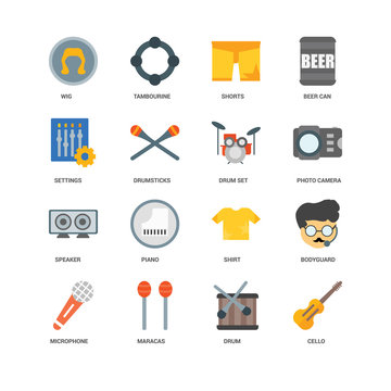 16 icons related to Cello, Drum, Maracas, Microphone, Bodyguard, Wig, Settings, Speaker, Drum set, undefined, undefined signs. Vector illustration isolated on white background.