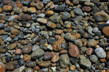 Colorful, smooth granite pebbles on beach in Acadia National Park, Maine.