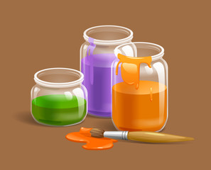 vector illustration of paints, paint cans, orange, blue, lilac, workshop, artist, green, yellow, brush,
