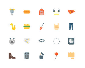 20 icons related to Punch, Rose, Lighter, Guitar pedal, Boots, Ticket, Maloik, Necklace, Drum, Hamburger, Backpack signs. Vector illustration isolated on white background.