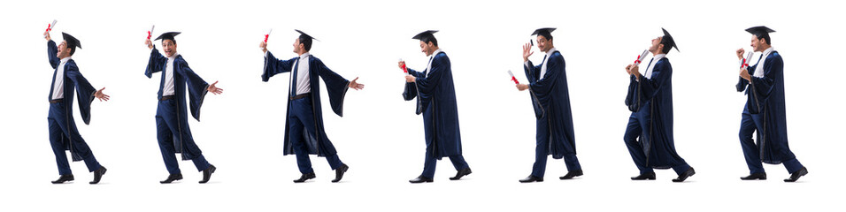 Young man happy with his graduation isolated on white 