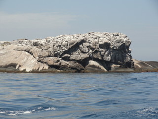Large gray and white fractured rock in the middle of the ocean. Blue sea, blue sky. Laje de Santos, the whale-shaped rock at Brazil, also a diving venue. Human face profile shape on the right. 