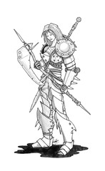 Black and white ink concept art drawing of fantasy female woman warrior soldier in plate armor and with big ax.