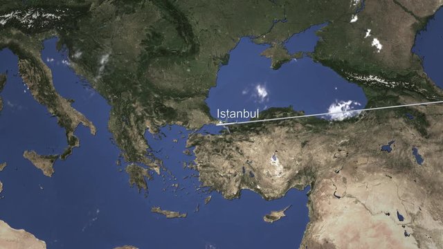 Plane arrives to Istanbul, Turkey from east, 3D animation 