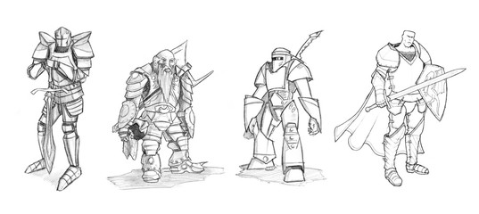 Set of black and white pencil or ink drawings of various fantasy knight and fighter characters in armor and with weapons.