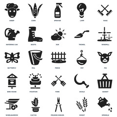 Set Of 25 icons such as Sprinkle, Wheat, Pruning shears, Cactus, Wheelbarrow, Windmill, Pot, Fork, Bird house, Watering can, Sprayer, Corn icon