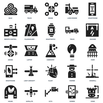 Set Of 25 icons such as Cows, Screen, Cctv, Satellite, house, Machine, Light, Plant, Smartphone, Remote control, Drone, Truck icon
