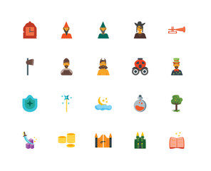 Set Of 20 icons such as Spellbook, Castle, Gate, Coin, Excalibur, Fanfare, Carriage, Moon, Shield, Knight, Gnome, icon pack