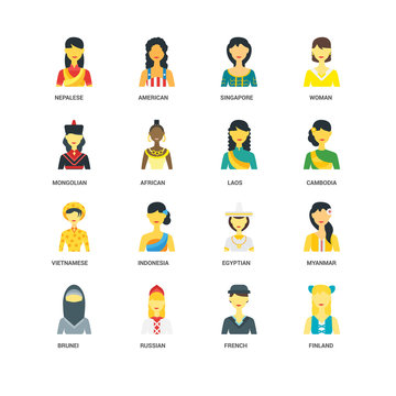 Simple Set of 16 Vector Icon. Contains such Icons as Finland, French, Russian, Brunei, Myanmar, Nepalese, Mongolian, Vietnamese, Laos, undefined, undefined. Editable Stroke pixel perfect