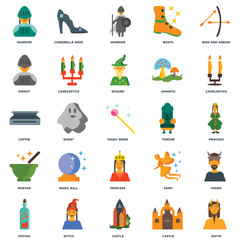 Set Of 25 icons such as Satyr, Castle, Witch, Potion, Candlestick, Throne, Princess, Mortar, Knight, Warrior, Cinderella shoe icon