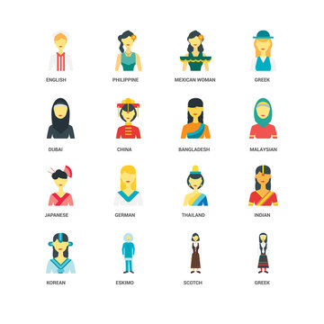 Simple Set of 16 Vector Icon. Contains such Icons as Greek, Scotch, Eskimo, Korean, Indian, English, Dubai, Japanese, Bangladesh, undefined, undefined. Editable Stroke pixel perfect
