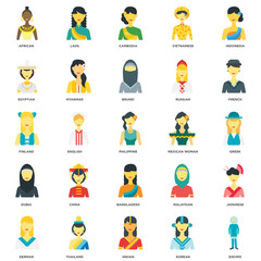 Simple Set of 25 Vector Icon. Contains such Icons as Eskimo, Korean, Indian, Thailand, German, French, Mexican woman, Bangladesh, Dubai, Egyptian, Cambodia, Laos. Editable Stroke pixel perfect