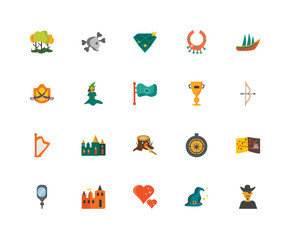 Set Of 20 icons such as Pirate, Wizard, Heart, Castle, Hand mirror, Galleon, Cup, Stump house, Harp, Witch, Diamond, icon pack
