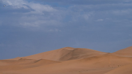 Sand dunes and desert under blue sky at Mingsha Mountain, in Dunhuang, Gansu, China