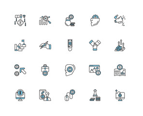 Simple Set of 20 Vector Icon. Contains such Icons as Bomb, Gold ingot, Marketing, Thinking, Bitcoin, Financial, Browser, Step. Editable Stroke pixel perfect