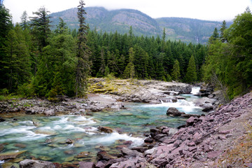 Lakes and creeks in Glacier National Park during summer.
