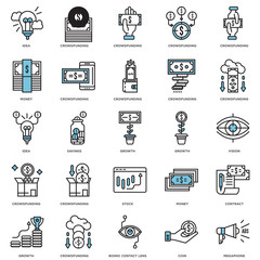 Simple Set of 25 Vector Icon. Contains such Icons as Megaphone, Vision, Crowdfunding, Growth, Money, Idea. Editable Stroke pixel perfect