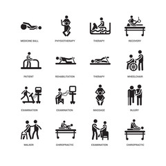 Simple Set of 16 Vector Icon. Contains such Icons as Chiropractic, Rehabilitation, Medicine ball, undefined, Injury, Examination, Physiotherapy. Editable Stroke pixel perfect