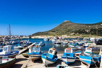 View of Favignana harbor full of traditional fishing boats with Forte Santa Caterina in the background, Aegadian Islands, Sicily, Italy